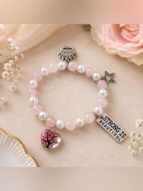 Hand Crafted By Cass Rose Quartz Faux Pearl Charm Bracelet Strong Is Beautiful